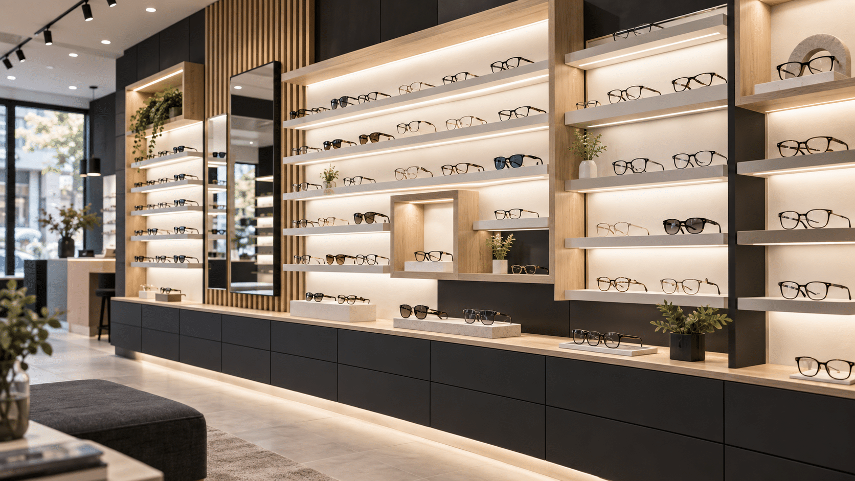 espositori per occhiali in negozio di ottica con illuminazione LED